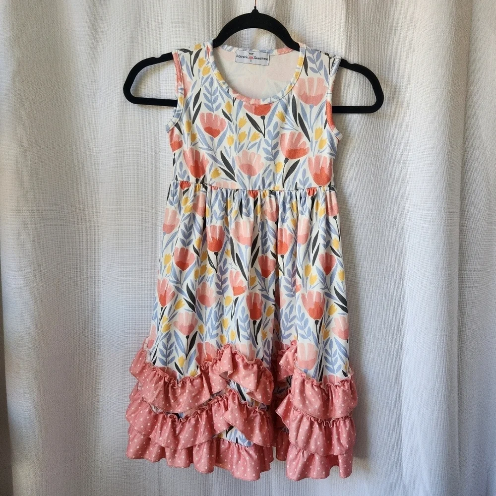 Adorable Sweetness Floral Sleeveless Kids Summer Dress with Ruffle Hem Size 6